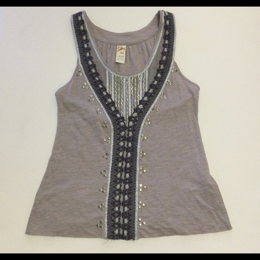 Anthropologie Lavender Tank with Charcoal Crochet Trim